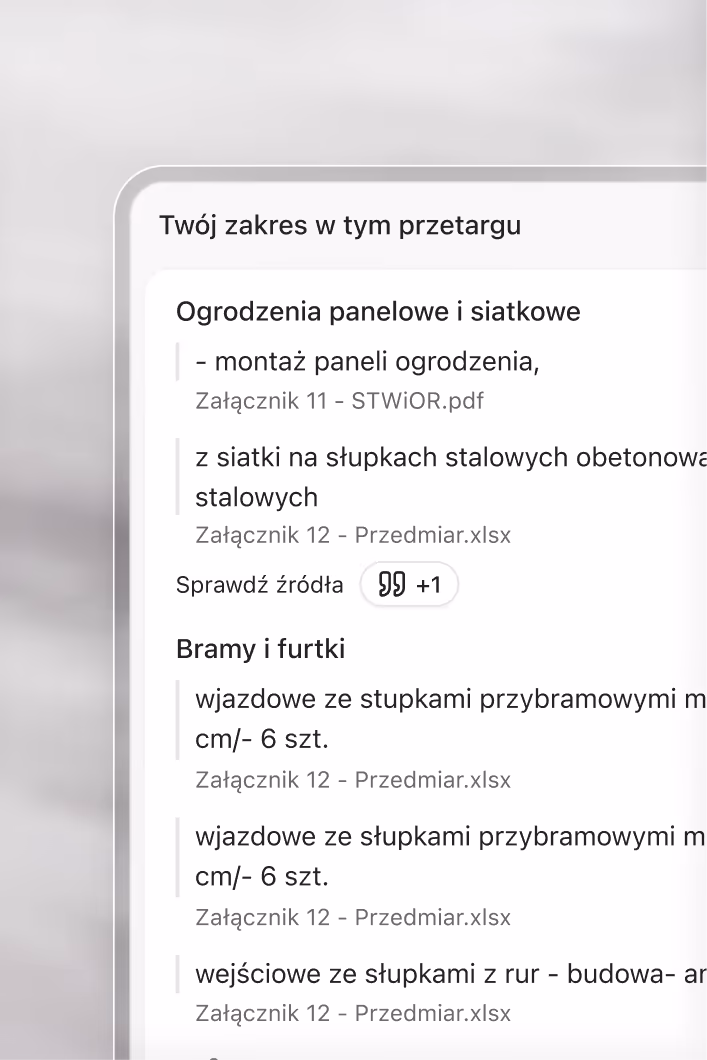 Panel z zakresem prac w przetargu i cytatami z załączników