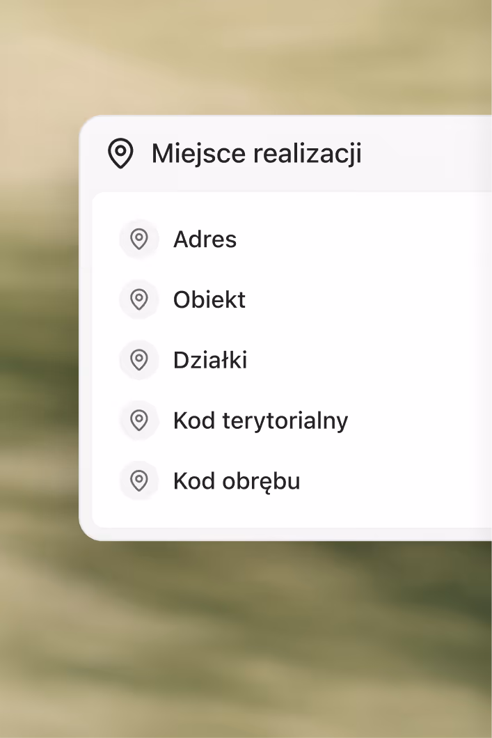 Panel z miejscem realizacji: adres, obiekt, działki i kody